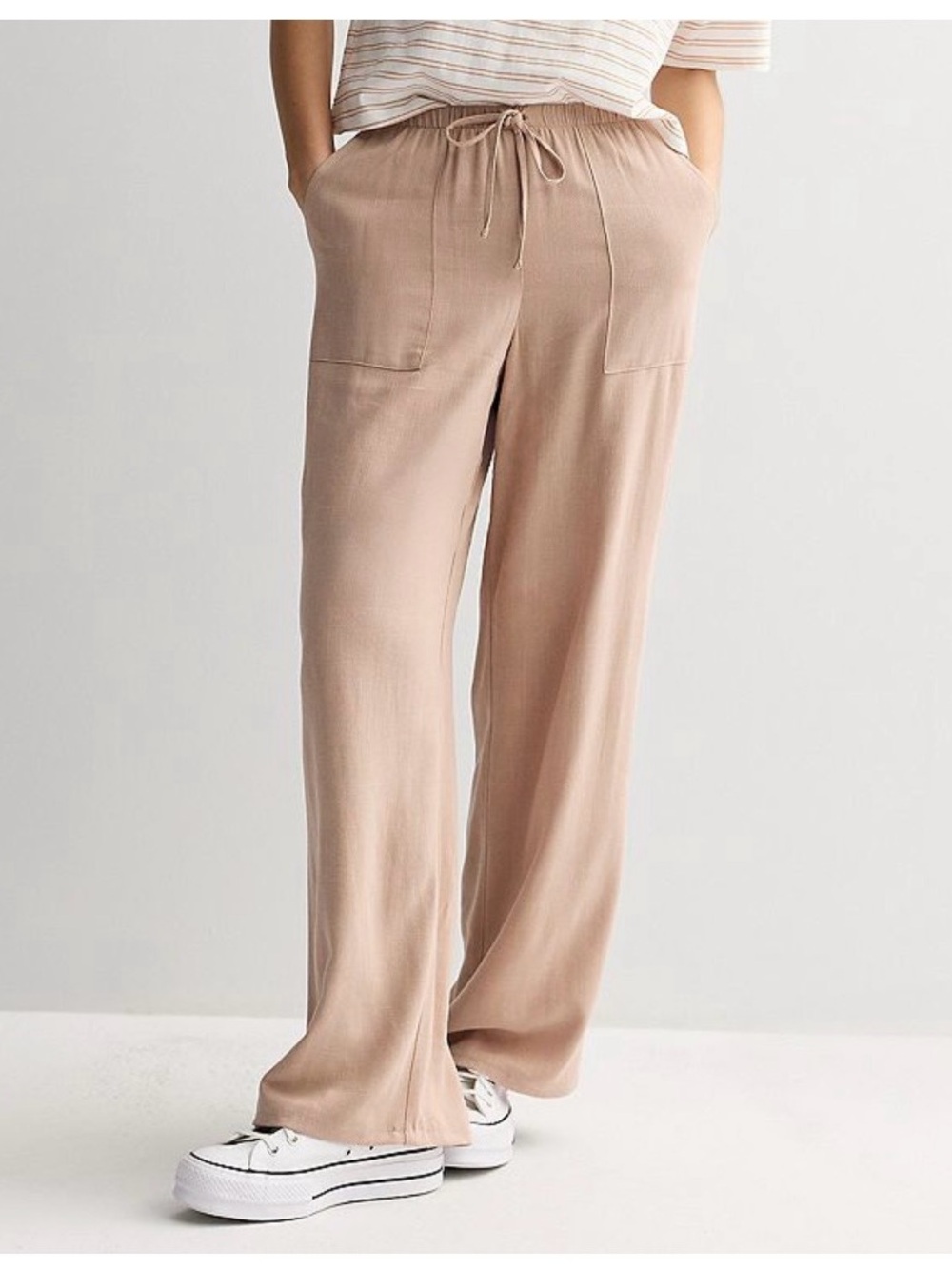 Pink Republic Relaxed Wide-Leg Drawstring Pants - Taupe